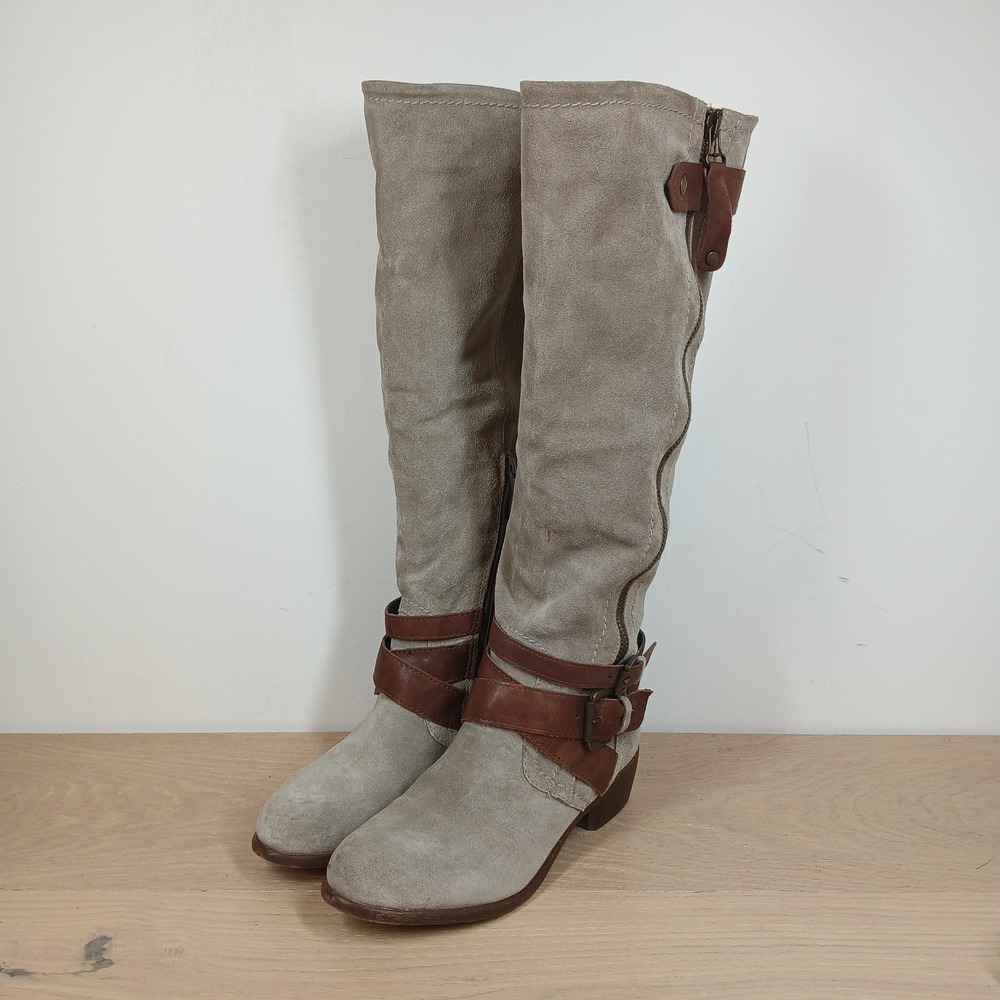 Aldo Knee High Boots Womens 6 Gray Suede Leather Buckle Riding Boho Casual